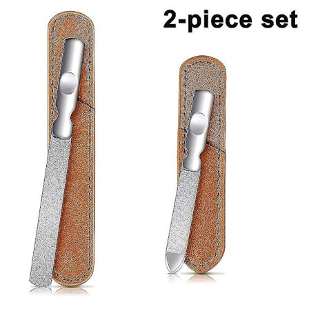 2 stk. rustfrit stål neglefile med læderetui, dobbeltsidede metal neglefile
