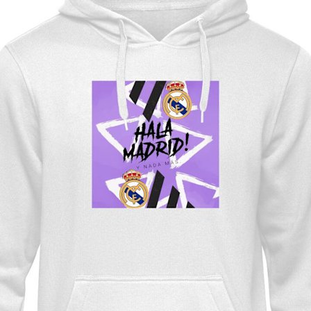 Barnehettegenser Hala Madrid motiv i lilla med Real Madrid emblem og energisk fotballgrafikk perfekt for fans av klubben og sterke sportsmotiver