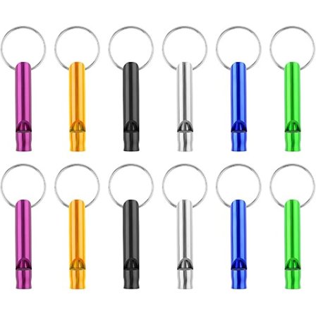 Nødfløjte i aluminium - sikkerhedsfløjte i metal til udendørs sport | Højlydt overlevelsesværktøj til camping, sejlsport (12-pak)