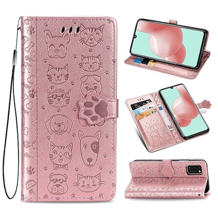 Samsung Galaxy A41 -puhelimen kotelo, Flip Wallet -tyyppinen, reliefikuvioitu kansi, Etui Housse, Kissan ja Koiran kuvio - Rose Gold