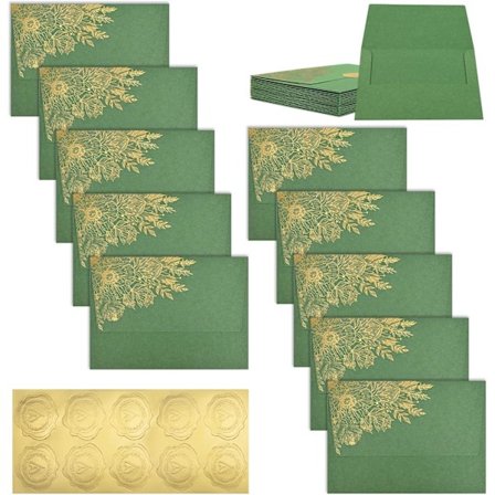 10 stk. Vintage Kuverter med Guldblomstermønster, A6 Kuverter til Invitationer, Lykønskningskort med Forseglingsstickers til Bryllup
