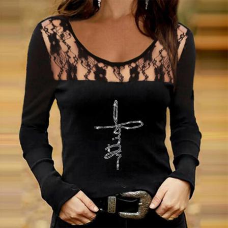 Dam Casual Top Blus Långärmad O-hals Vintage Print Shir