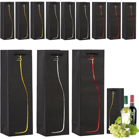 Kraftpapir Vinflaskeposer med Sterke Tauhåndtak, 12-pakning Svarte Gjenbrukbare Vinvesker Enkel Vinflaske Gavepose