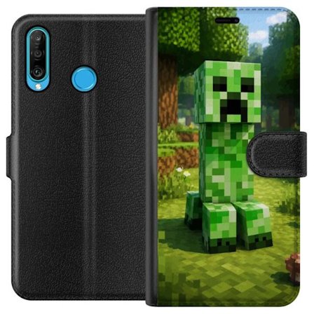 Kompatibelt Plånboksfodral till Huawei Huawei P30 lite Block-baserad Creeper-figur i en grön pixell värld, ikonisk spelillustration för barnrum, g
