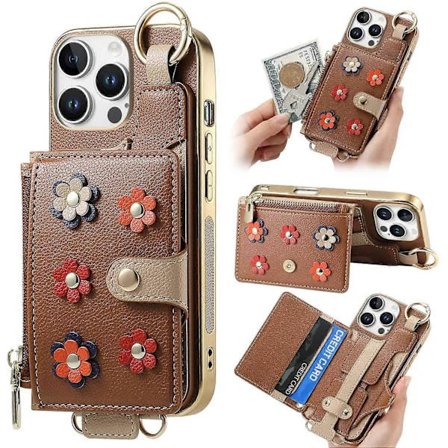 Case for iPhone 16 Pro Max with Detachable Card Slot PU Leather+TPU Floral Aesthetic Phone Cover with S