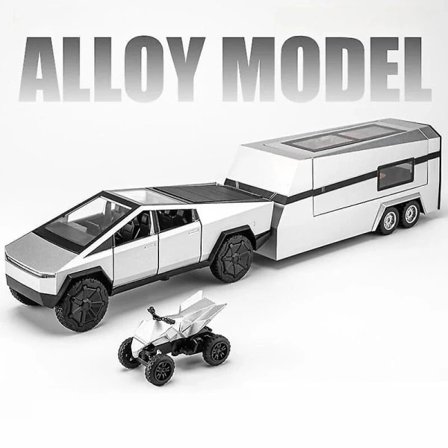 1/32 Tesla Cybertruck med Touring Car RV Campingvogn Diecast Legetøjsmetal Miniaturmodel Træk tilbage Lyd Lys Samling Gave Dreng Sølv