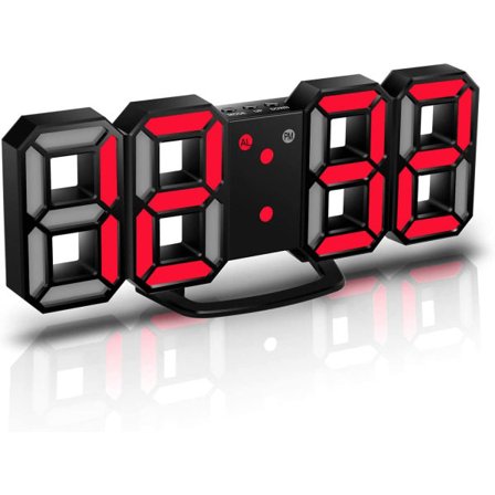 3D LED digital vekkerklokke, veggklokke, 3D LED vekkerklokke, rød