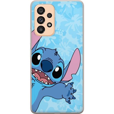 Kompatibelt Mobildeksel til Samsung Galaxy A53 5G Leken illustrasjon av Stitch som strekker seg mot kameraet på lyseblå blomstret bakgrunn