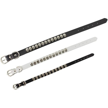 Coolt halsband med döskallar till hund i svart & vit läkta läder