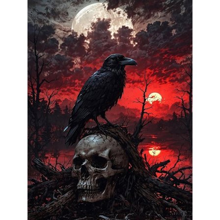 Kråke- og hodeskallediamantmaling - 5D Halloween Full Drill DIY Diamantkunst Håndverk 30x40 cm