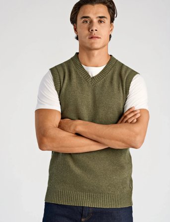 Lindbergh Lambswool V-Neck Slipover - Khaki green - S