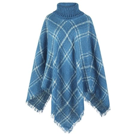 Turtleneck Frayed Trim Rutig Poncho-tröja
