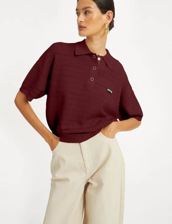 ROTATE Birger Christensen Slinky Knit Polo - Burgundy - XS