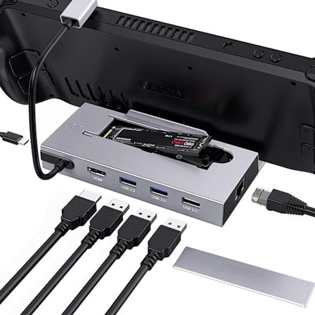 NÖRDIC Steam Deck -telakointiasema 1-7 - 1xHDMI 2.0 (4K60Hz), 1xM.2 SSD, 1xUSB-C PD 100W, 2xUSB-A 3.0, 1xUSB-A 2.0, 1xGigabit Ethernet