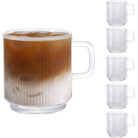 [6-pakning, 350 ml - Kaffekopper i glass med håndtak, klassiske vertikale stripete tekopper, transparente teglass for varme/kalde drikker.