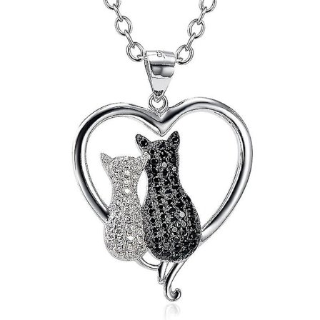 Katt halsband för kvinnor 925 Sterling Silver Svart Två Ton Kubisk Zirkonia Dubbel Katt Hänge Halsband Smycken Rolo Kedja, Evig Kärlek Halsband