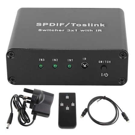 SPDIF/TosLink-kytkin 3x1 kytkentälaite kaukosäätimellä 3 sisään 1 ulos kytkin 100V‐240V