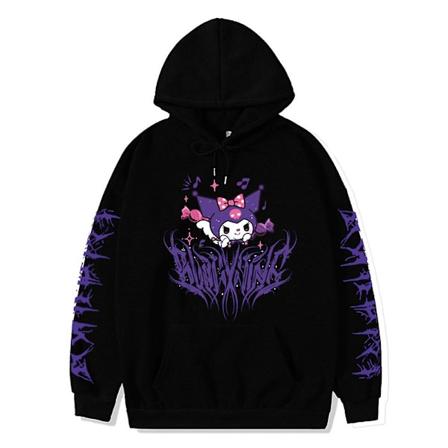 S t Kuromi-piirroskuvioinen huppari Anime Kawaii pitk hihainen huppari rento pusero naisille Musta Black S
