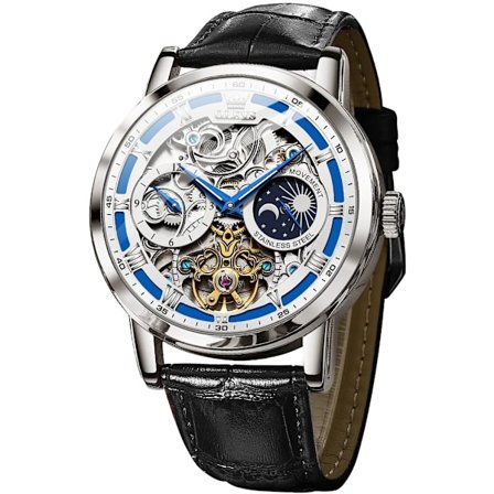 Herre automatisk ur skelet Tourbillon selvoptrækkende mekanisk ægte læderrem Luksus armbåndsur Sol Måne Selvlysende vandtæt