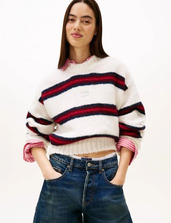 Tommy Jeans Tjw Badge Stripe Fluffy Sweater - White - S