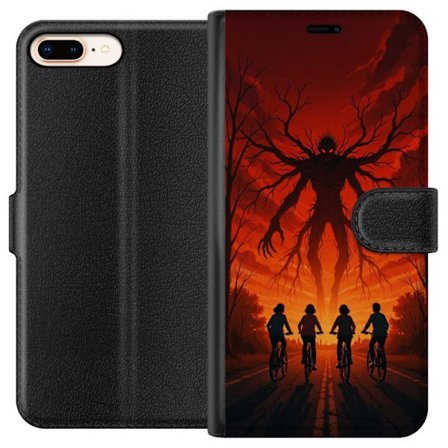 Kompatibelt Plånboksfodral till Apple Apple iPhone 7 Plus Mörk Stranger Things-inspirerad skräckillustration med röd himmel, monsterfigur och cykl