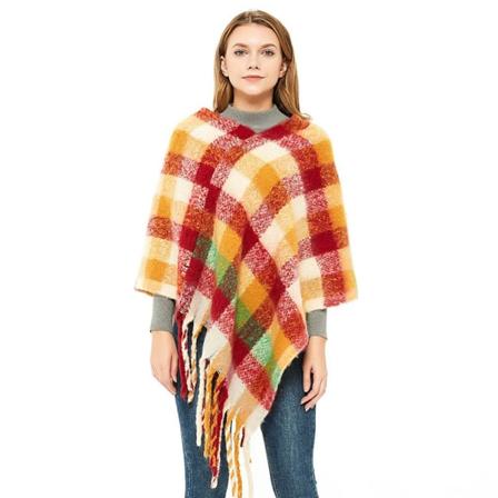 Rutig Pullover Cape med Tassel Thicken Poncho for Lady