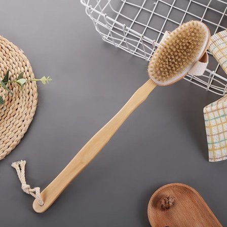 Massasjebørste med villsvinbust, håndholdt kroppsbørste, rund badebørste, badebørste i tre + avtakbar børste i lakkert tre (41x6,5 cm)