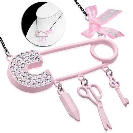 Roligt Svart Halsband med Rosa Säkerhetsnål med CZ & Berlocker: Sax, Penna och Nyckel