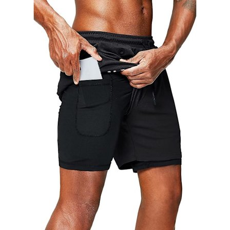 2 i 1 løbeshorts med telefonlomme Gym Workout Hurtigtørrende herreshorts 5 tommer Sort