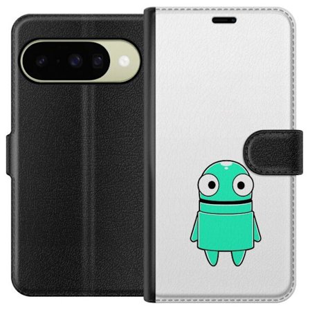 Kompatibelt Plånboksfodral till Google Google Pixel 10 Turkos tecknad figur med stora ögon och glad karaktär i enkel illustration