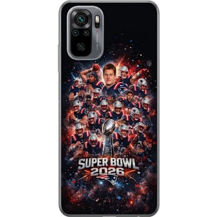 Yhteensopiva Puhelinkuori Xiaomi Redmi Note 10 Super Bowl 2026 juliste, jossa New England Patriots ja NFL-mestaruuspalkinto räjähtävän urheilullisessa