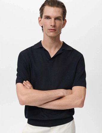 Mango Cotton Polo Shirt With Microstructure - Navy - XL