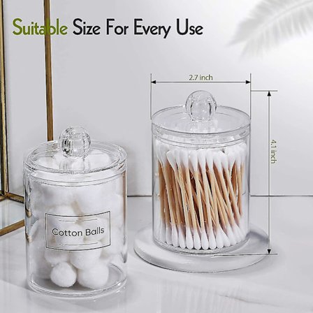 4 Pack Qtip Holder Dispenser For Cotton Ball, Cotton Swab, Cotton Round Pads, Floss - 10 Oz Clear Plastic Apothecary Jar Set