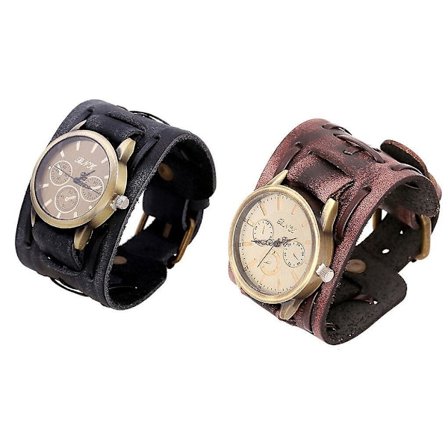 Herre Retro Armbåndsur Bånd Bredt Lærarmbånd Mansjett Vintage Kvarts Håndledsur Svart