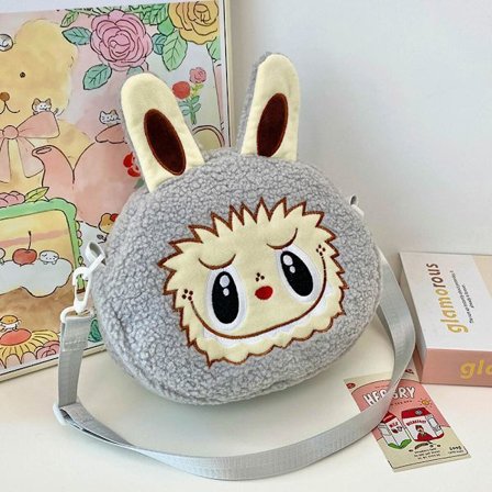 Söpö Hirviö Sarjakuvanukke Pehmoinen Olkalaukku Kanin Korvilla, Suloinen Sarjakuvamuotoilu, Pehmeä Pörröinen Olkalaukku Tytöille