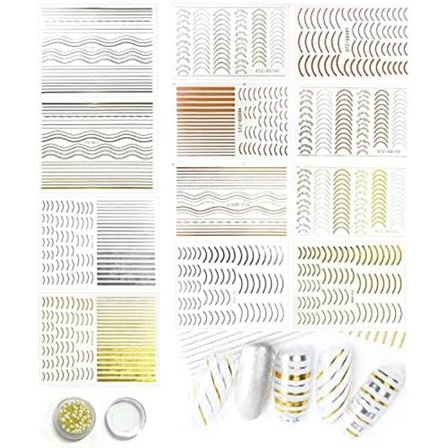 12 Sheets Gold Silver Metal Nail Stickers, Metallic Curve Strip