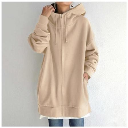 Dam Lång Luvtröja Tunika Vinter Varma Fleecejackor Casual Oversize Sweatshirt Kappa Zip Up Huvtröjor med fickor Khaki XL