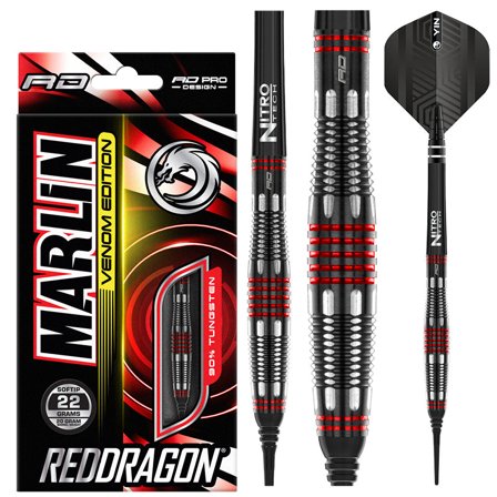 Red Dragon Darts Marlin Venom 20g Soft Tip Darts - 90% Tungsten, Pro Grade, Aero, Nitro Tech, Red/Black/Silver, 7.85mm x 45.7mm, Steel Tip Alternative