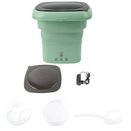 Bærbar sammenleggbar vaskemaskin Mini Håndvaskemaskin med svart lokk for bobil Reiseleilighet 100 til 240V Grønn EU-kontakt