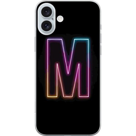 Yhteensopiva Puhelinkuori Apple Apple iPhone 16 Plus Neonkirjain M värinvaihtuva valotehoste mustaa taustaa vasten, moderni minimalistinen typografia