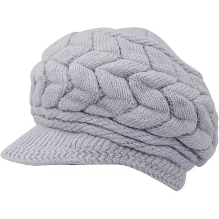 Dame Vinterstrikket Hue med Skygge Sort Hvid Grå, Elegant Beanieluva med Varmt Fleecefor Grå