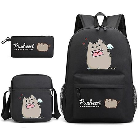 Pusheen Fat Kitty Tredelt Skolebogtas Casual Drenge Og Piger Studerende Rygsæk Print Stor Kapacitet Udendørs Rygsæk (Sort)