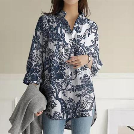 Ladies Front Pocket Tunika Skjorta Button Down Skjortor