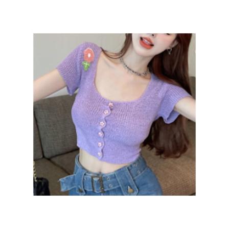 Lyhyt nappi ylös neule naisille muodikkaasti Slim Fit mukava neulottu avoin etuosa pusero päivittäiseen elämään Violetti Vapaa koko(37.5‐60kg/82.7‐