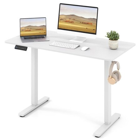 COSTWAY Elektrisk Hæve-sænke Skrivebord - Højdejusterbart med 3 Hukommelser & Anti-kollisionsbeskyttelse til Hovedtelefoner Hvid