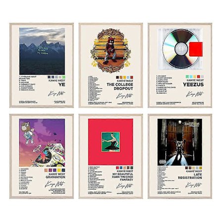6 stk./sæt Kanye West Album Cover Plakater Rapper Musik Plakater Vægkunst Værelse Æstetisk Boligindretning Gaver Uindrammet