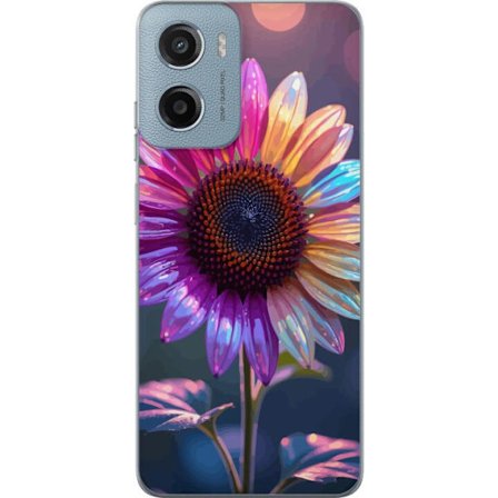 Kompatibelt Mobildeksel til Motorola Moto E15 Irideserende blomst med glitrende kronblad i rosa lilla og gull mot myk bokeh bakgrunn