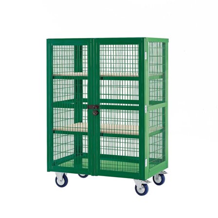 Mobile storage cage, plywood shelves, 1355x900x600 mm, green