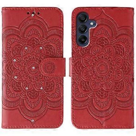 Yhteensopiva Samsung Galaxy A56 5G -kotelon kanssa, strassikoristeinen PU-nahkainen Mandala-kuvioitu puhelinkotelo rannehihnalla (punainen)