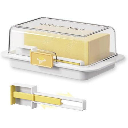 Smørboks med skjærehåndtak, enhånds åpning, målespreder med skala, rommer opptil 500g smør, perfekt for benkeplaten